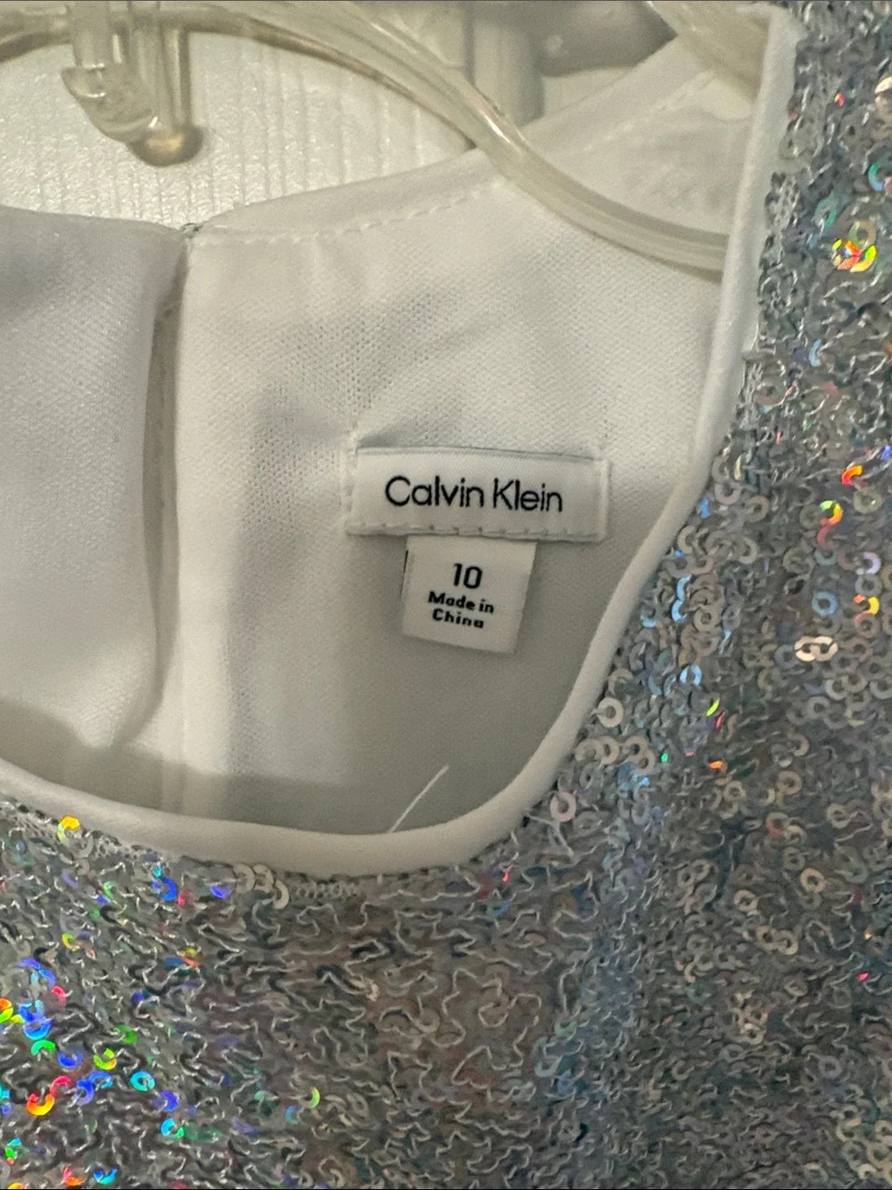Calvin Klein Girls Holographic Silver Sequin Short Sleeve Dress